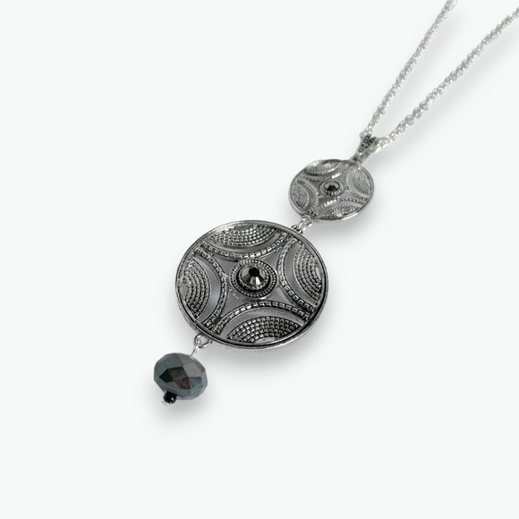 Necklace & Earring Set, Silver Antique, Double Round Pend, Hemi Crystal, 26"-28" - Picture 3 of 10